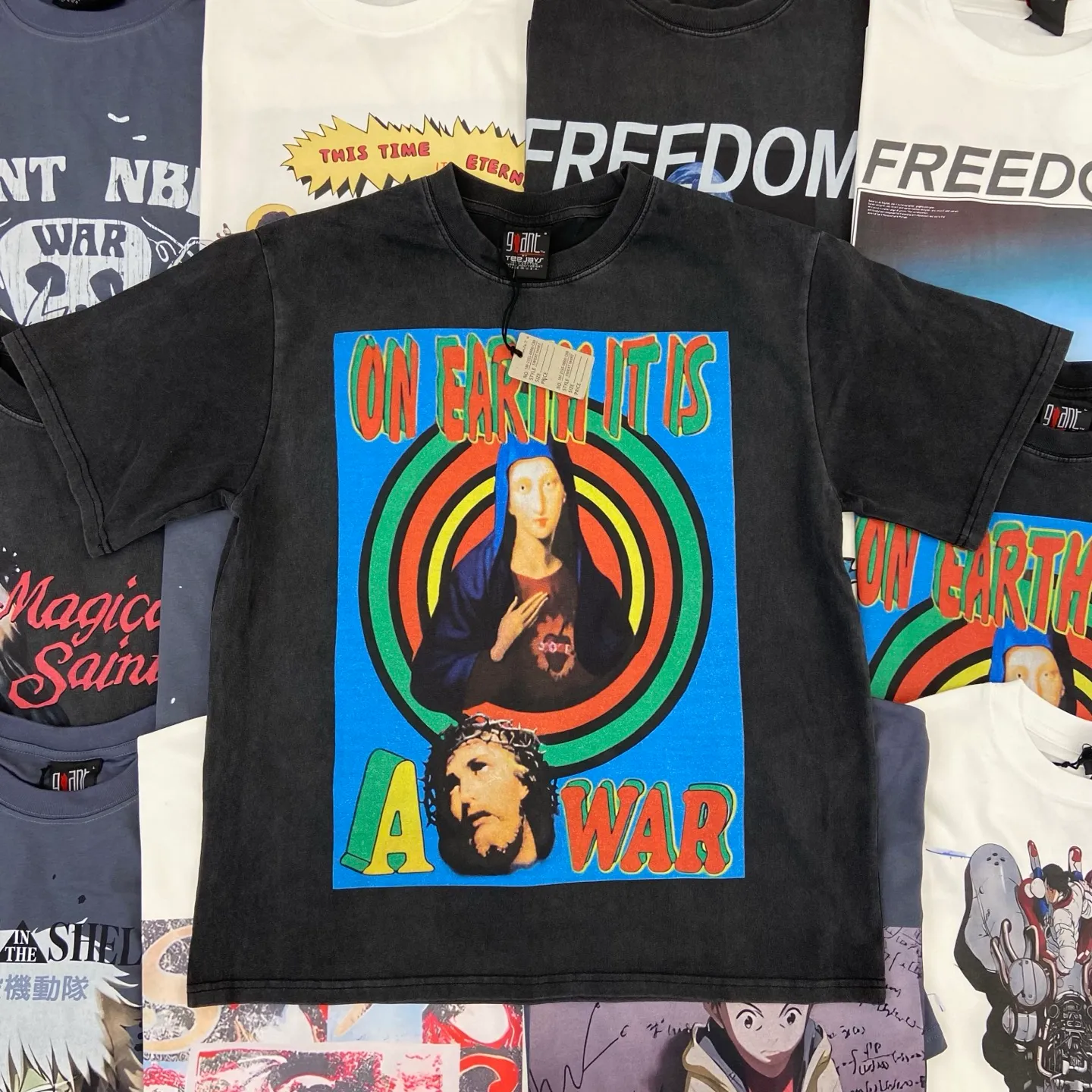 Saint Michael series of new American retro washed and distressed niche printed pure cotton loose short-sleeved T-shirts with digital white ink direct injection, breathable fabrics and three-dimensional and clear patterns. Fabric: Double yarn 240g Size: S-M-L-XL